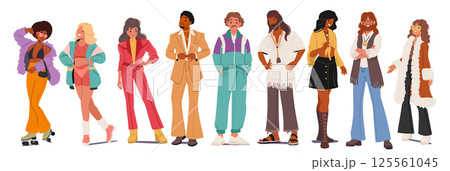 Diverse people cartoon characters in old-fashioned clothing, hippie attire and garment from 80s 125561045