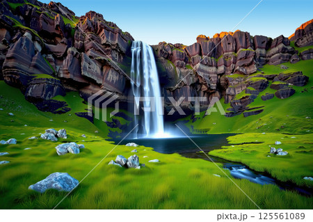 Waterfall amidst layered rock formations. AI generation 125561089