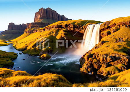 Waterfall and river in rolling hills. AI generation 125561090