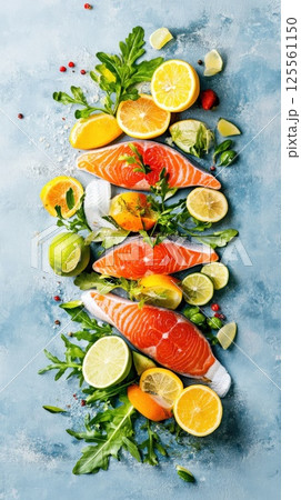 Fresh seafood platter with citrus fruits and greens arranged on textured background 125561150