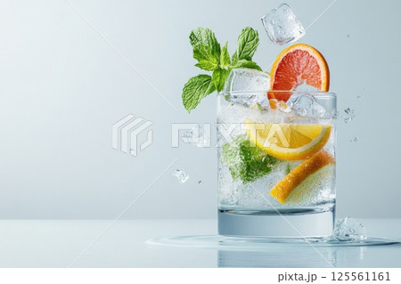 Floating cocktail elements with ice and citrus above a clear glass 125561161