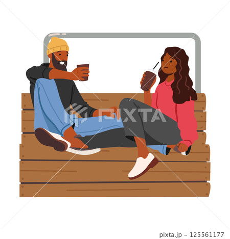 Happy romantic couple cartoon characters resting together sitting on wooden bench outdoors Happy romantic couple cartoon characters resting together sitting on wooden bench outdoors 125561177