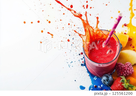 Bright and colorful smoothie pouring into a glass with fresh fruit splashes in dynamic setup 125561200
