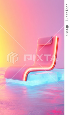 Futuristic chair made of neon light on a frozen ice platform in bright natural light 125561227