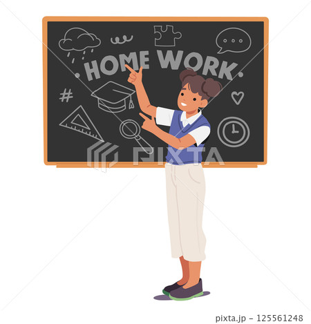 Girl student cartoon character standing near chalkboard with homework inscription isolated on white Girl student cartoon character standing near chalkboard with homework inscription isolated on white 125561248