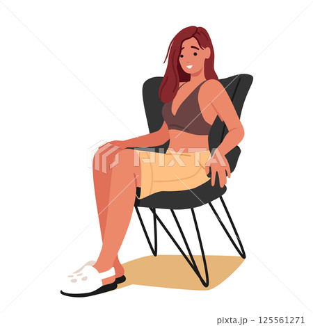 Young woman cartoon character sitting on beach chair enjoying rest and chill isolated on white 125561271