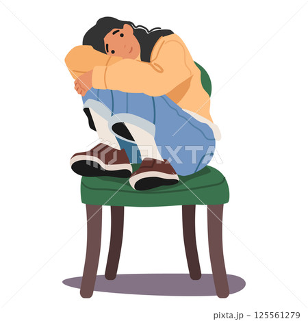 Attractive young woman cartoon character sitting on old-fashioned wooden chair with legs up 125561279