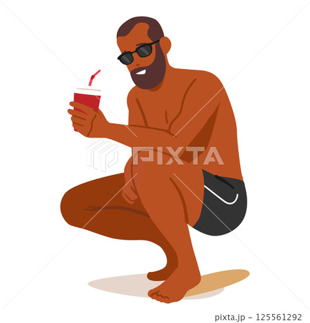 Tanned man cartoon character wearing swimming trunks drinking soda beverage isolated on white Tanned man cartoon character wearing swimming trunks drinking soda beverage isolated on white 125561292