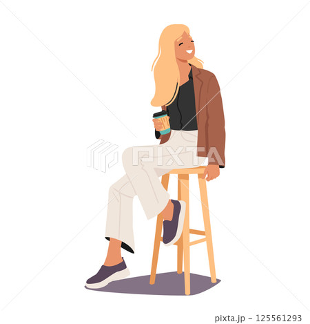 Elegant stylish young woman cartoon character smiling drinking coffee while sitting on bar stool 125561293