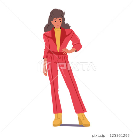Elegant woman young cartoon character wearing retro costume trendy apparel isolated on white 125561295