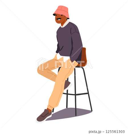 Hipster mustached guy cartoon character sitting on bar stool furniture isolated on white background 125561303