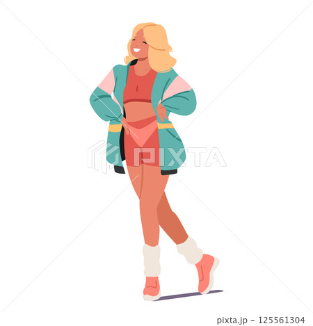 Pretty young woman cartoon character wearing clothing from 80s isolated on white background 125561304