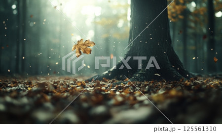 Golden leaves are falling from trees in a misty forest, creating a serene and magical autumn atmosphere with sunlight filtering through the canopy 125561310