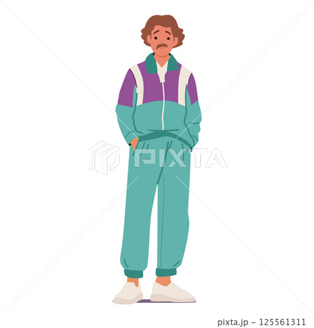 Mustached hipster man cartoon character wearing retro sportive costume activewear from eighties 125561311