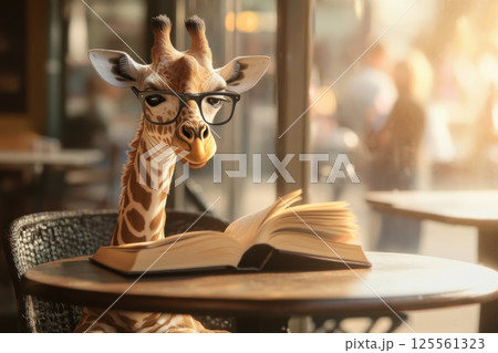 Giraffe enjoying a book while sitting at a sunny coffee shop table 125561323