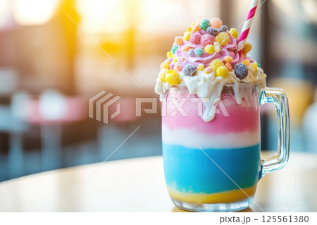 Colorful milkshake with layers of whipped cream and candy on a bright cafe table 125561380