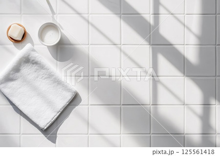 Clean bathroom setup with toothbrush toothpaste and soap on a white tile surface 125561418