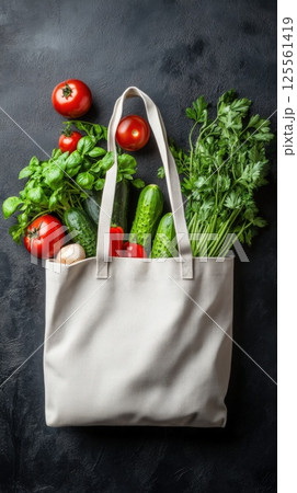 Fresh vegetables and herbs creatively arranged in tote bag contour on textured background 125561419