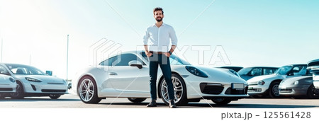 Confident car salesman standing with hands in pockets next to a new white luxury vehicle, in a dealership parking lot full of new cars, on a sunny day Confident car salesman standing with hands in pockets next to a new white luxury vehicle, in a dealership parking lot full of new cars, on a sunny day 125561428