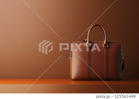 Sleek leather bag with polished surface and elegant silver hardware on a minimalist display 125561449