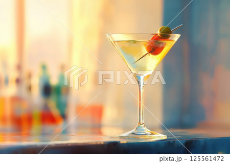 Classic martini glass with olive garnish on a sleek bar in elegant moody lighting Classic martini glass with olive garnish on a sleek bar in elegant moody lighting 125561472