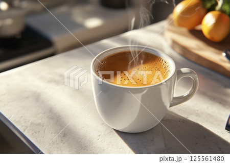 Steaming espresso cup on a sleek cafe table with sunlight creating a warm atmosphere 125561480
