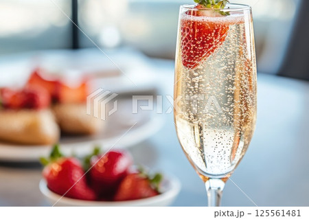 Enjoying sparkling champagne with a strawberry garnish on a bright elegant table setting 125561481