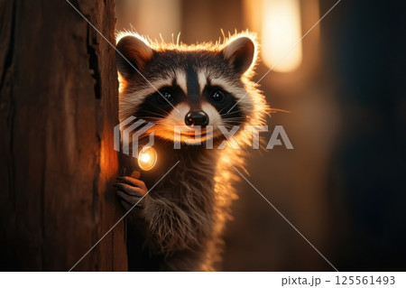 Raccoon detective sneaking with a tiny flashlight in a dimly lit environment Raccoon detective sneaking with a tiny flashlight in a dimly lit environment 125561493