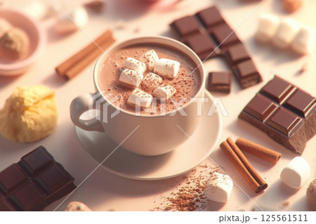 Cozy hot cocoa preparation with marshmallows and chocolate in warm tones 125561511