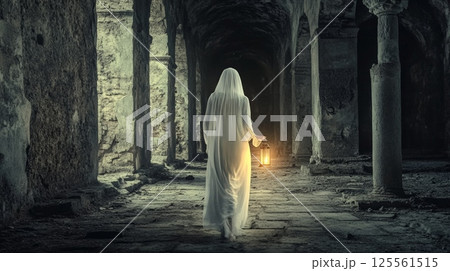 Mysterious ghost wandering through dark, ancient ruins while holding a flickering lantern, casting eerie shadows and creating a haunting atmosphere filled with secrets and enigma 125561515
