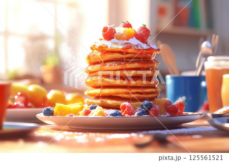 Family gathers around sunny dining table to enjoy delicious breakfast with pancakes and fruit Family gathers around sunny dining table to enjoy delicious breakfast with pancakes and fruit 125561521
