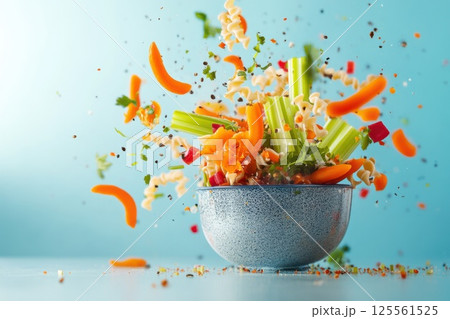 Flying soup ingredients create an energetic kitchen moment with vibrant colors and textures 125561525