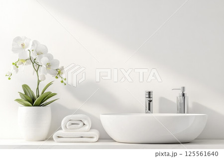 Bright bathroom design with compact sink and decorative plant for a fresh ambiance Bright bathroom design with compact sink and decorative plant for a fresh ambiance 125561640