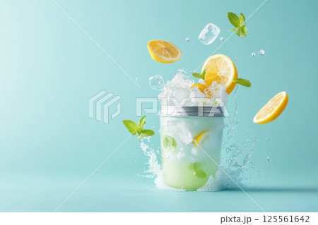 Floating cocktail elements with ice and lemon slices create a refreshing summer drink experience 125561642