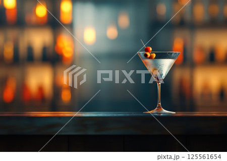 Classic martini glass with olive garnish set in an elegant bar ambiance 125561654