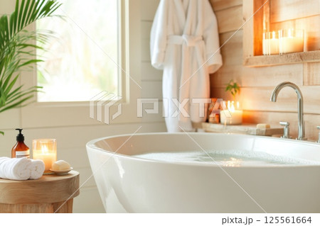 Relaxing spa inspired bathroom with soothing tub and ambient lighting for perfect self care 125561664