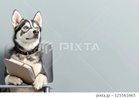 Husky sits in lecture hall taking notes while attentively listening to the lecture 125561665