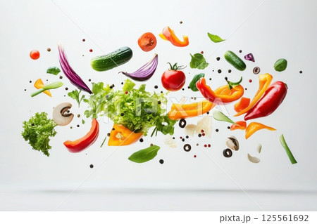 Fresh vegetables and herbs floating in natural light against a white background 125561692