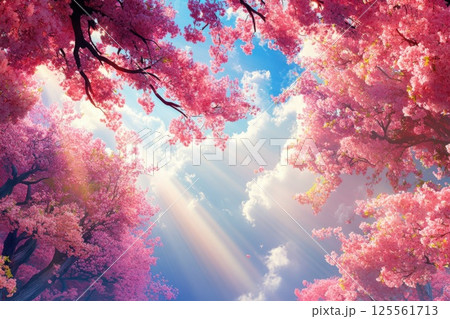 Sunlight streaming through cherry blossom canopy in peaceful springtime setting Sunlight streaming through cherry blossom canopy in peaceful springtime setting 125561713