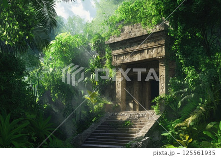 Mystical hidden temple in lush jungle surrounded by vibrant foliage and ancient carvings Mystical hidden temple in lush jungle surrounded by vibrant foliage and ancient carvings 125561935