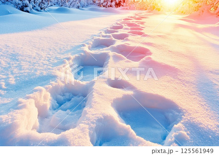 Frost covered footprints on a serene snowfield illuminated by bright natural light 125561949