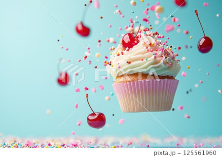 Floating cupcake elements with sprinkles and cherries in a bright background 125561960