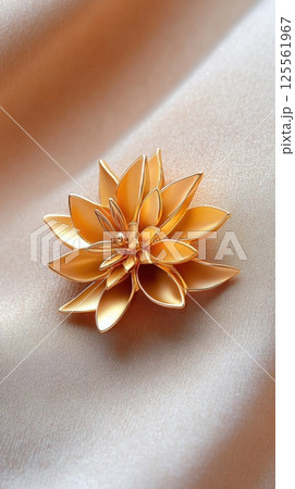 Gold flower brooch with matte and glossy textures on soft velvet fabric Gold flower brooch with matte and glossy textures on soft velvet fabric 125561967