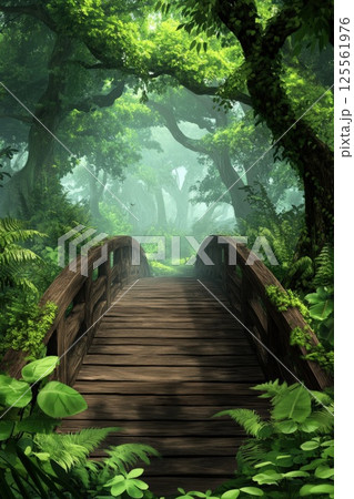 Whimsical wooden bridge leading to a hidden forest village with misty surroundings 125561976