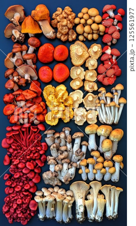 Silhouette of tote bag filled with various mushrooms arranged on a dark background 125561977
