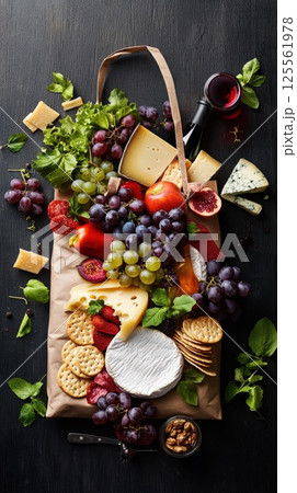 Reusable shopping bag filled with cheese grapes crackers and more on wooden background Reusable shopping bag filled with cheese grapes crackers and more on wooden background 125561978