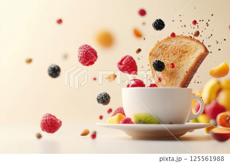 Floating breakfast elements with coffee cup toast and fruits in bright background Floating breakfast elements with coffee cup toast and fruits in bright background 125561988