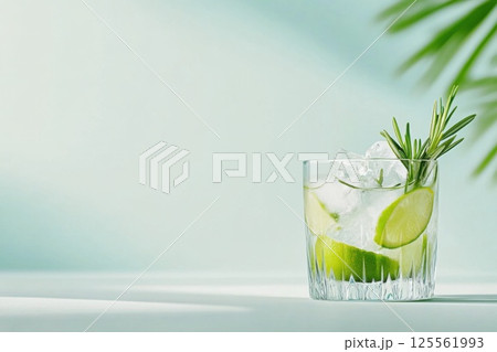 Refreshing gin and tonic served with lime and rosemary in a bright setting Refreshing gin and tonic served with lime and rosemary in a bright setting 125561993