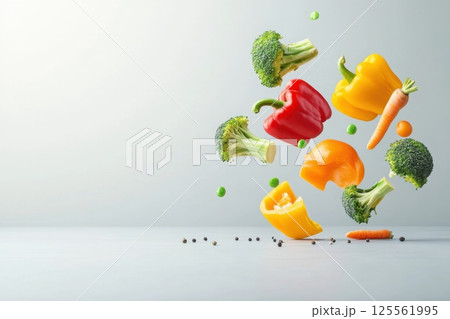 Colorful flying vegetables create a vibrant stir fry display in mid air 125561995