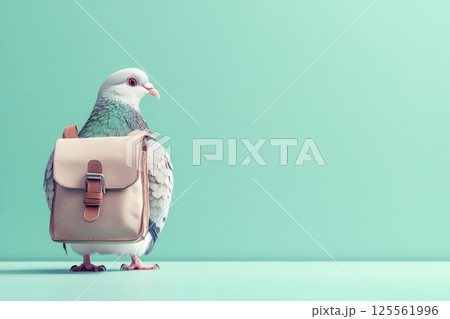 Pigeon delivers letters with a tiny messenger bag in a bright and cheerful setting 125561996